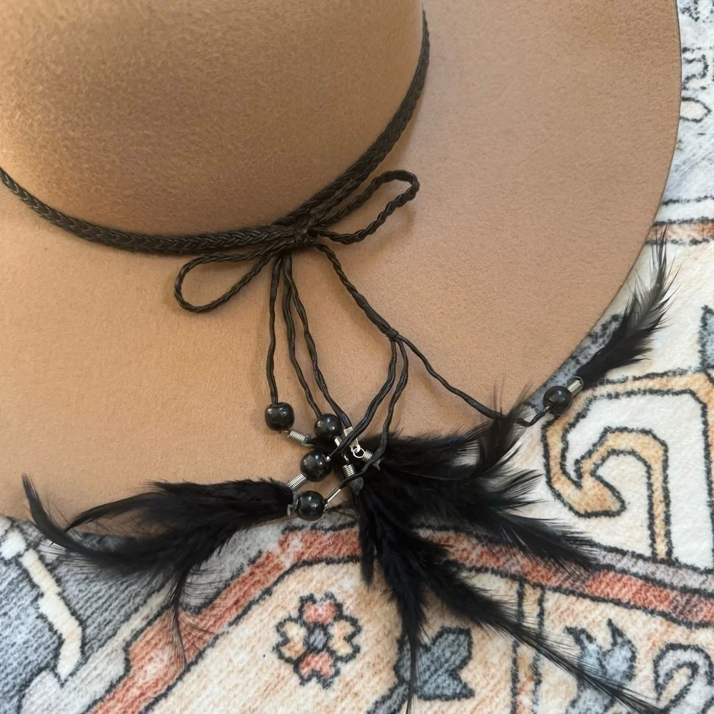 Camel Wide Brim Hat Black Feather Trim Boho Free People Look